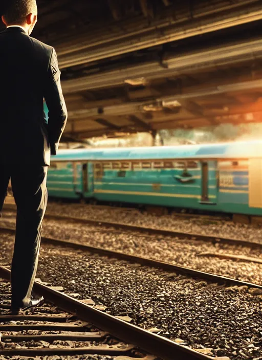 Image similar to a 2 8 mm macro photo from the back of a businessman standing on a train platform, splash art, movie still, bokeh, canon 5 0 mm, cinematic lighting, dramatic, film, photography, golden hour, depth of field, award - winning, anamorphic lens flare, 8 k, hyper detailed, 3 5 mm film grain