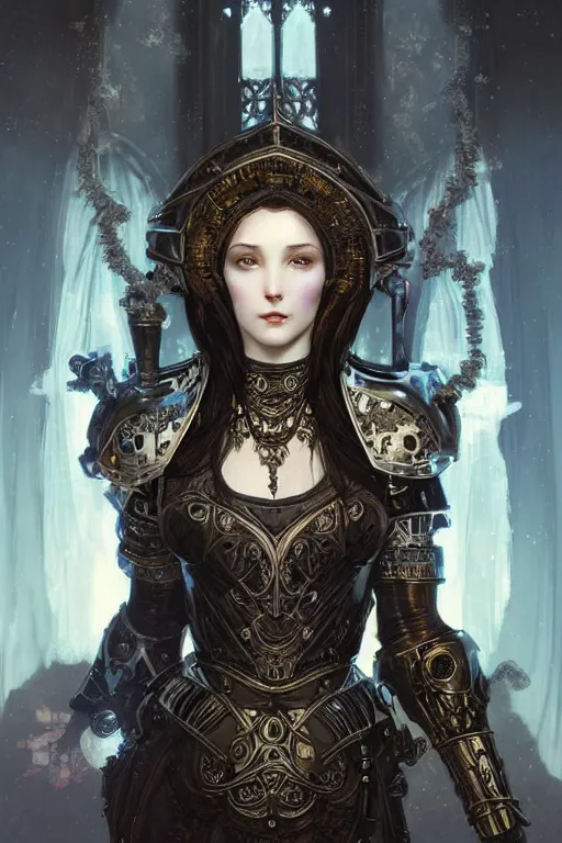 Image similar to beautiful luxury and goddess and victorian and holy female medieval Black armor knight portrait+shiny eyes+front face with light flowing hair, ultradetail face, ruined gothic cathedral, art and illustration by tian zi and craig mullins and WLOP and alphonse mucha, ssci-fi, fantasy, intricate complexity, human structure, hypermaximalist, fantasy character concept, dynamic lighting, neon light, watermark, blurry, hyperrealism 8k