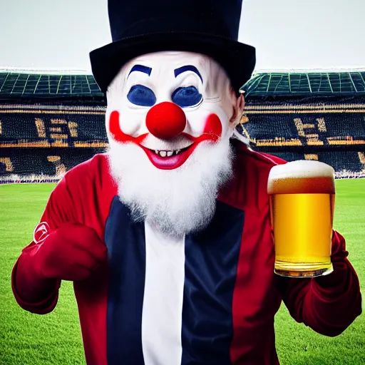 Image similar to silly little grumpy man clown with a beer in front of a soccer match, kodak photo