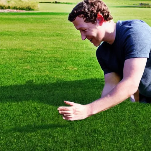 Prompt: photo of mark zuckerberg touching grass