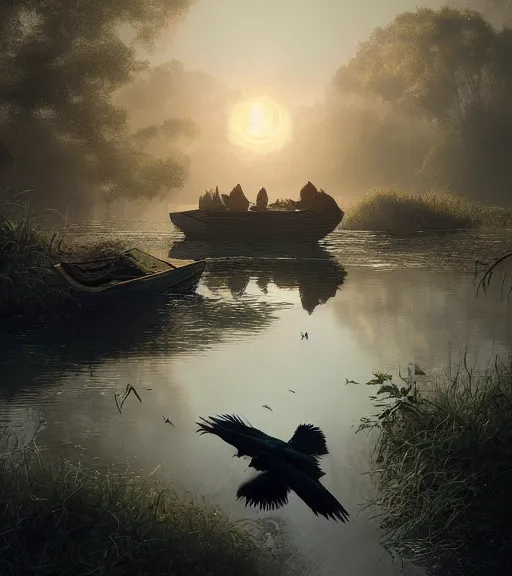 Prompt: three crows in a little boat in a swamp, volumetric lighting, majestic light, octane render, ethereal glare of the sun, hyper realistic, epic, masterpiece, by greg rutkowski