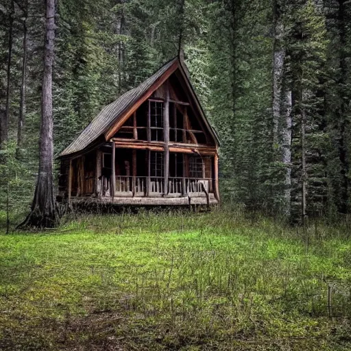 Prompt: an eerie cabin in the middle of the woods,