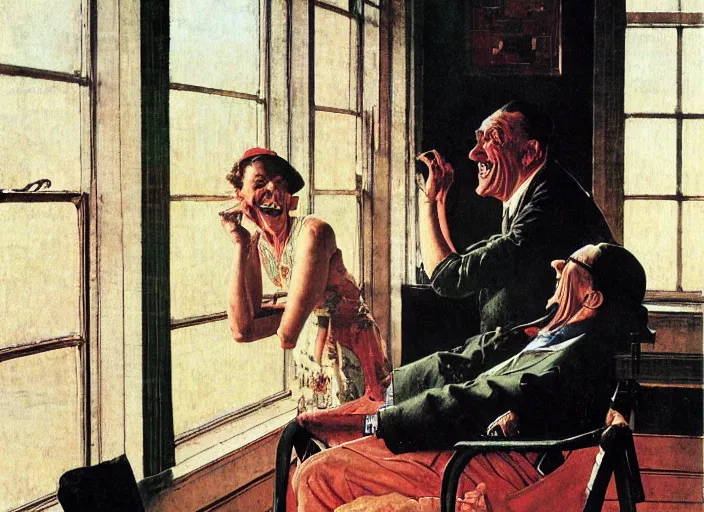 Prompt: a laughing man sitting by the window, a slim woman in the background, norman rockwell