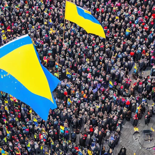 Prompt: a crowd of people with ukrainian flags destroy a statue of vladimir lenin, leica sl 2 5 0 mm, vivid color, high quality, high textured, real life