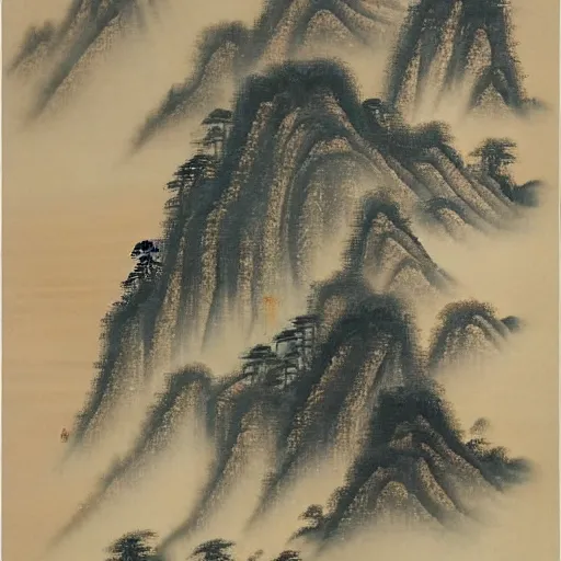 Prompt: ethereal god in a misty mountain valley, chinese painting
