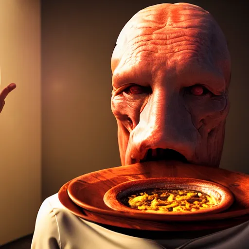 Prompt: photograph of a man with a flesh inhuman head begging for food, 8k resolution, high detail, ULTRA REALISTIC VFX, reflections