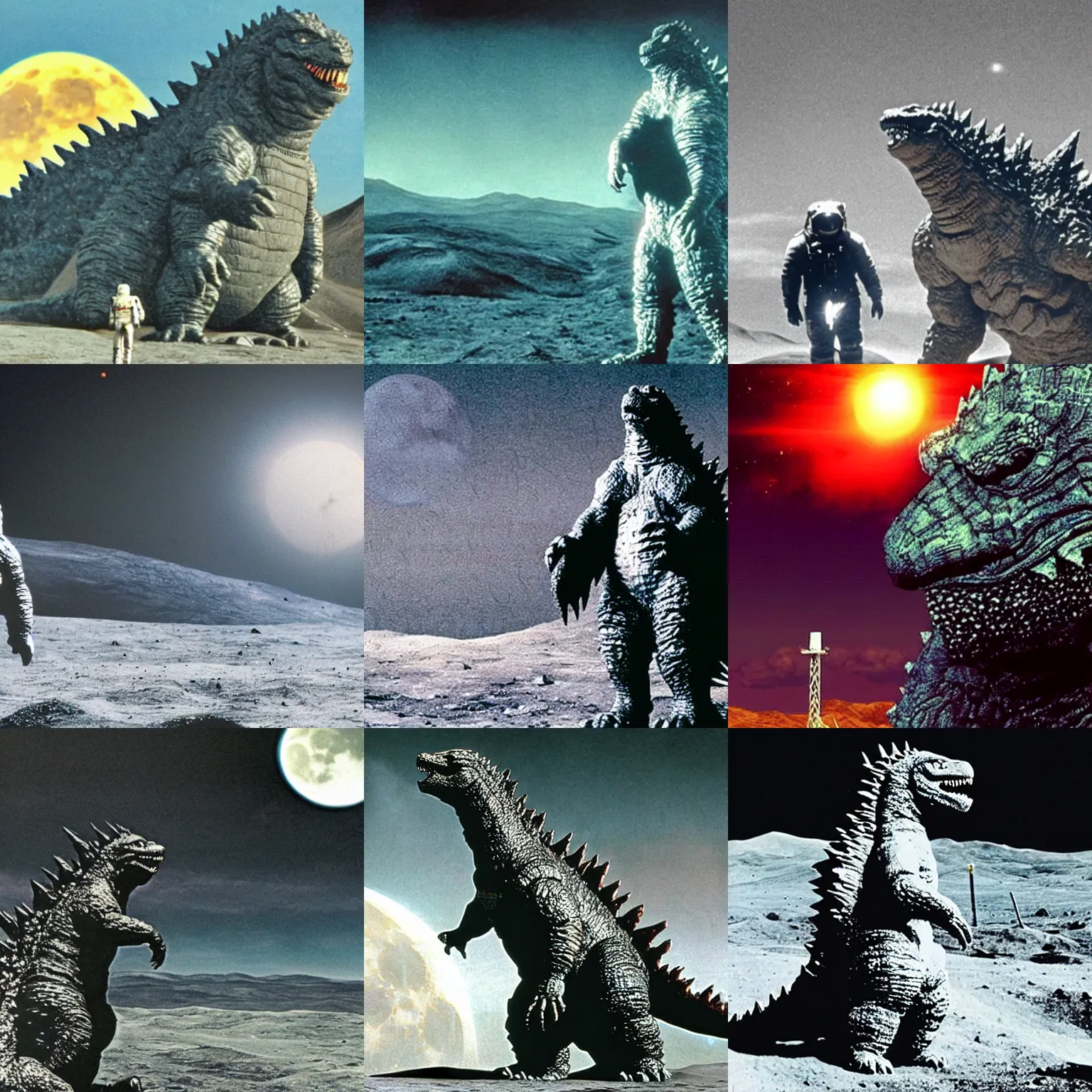 Prompt: Godzilla at the moon landing with the earth visible in the background