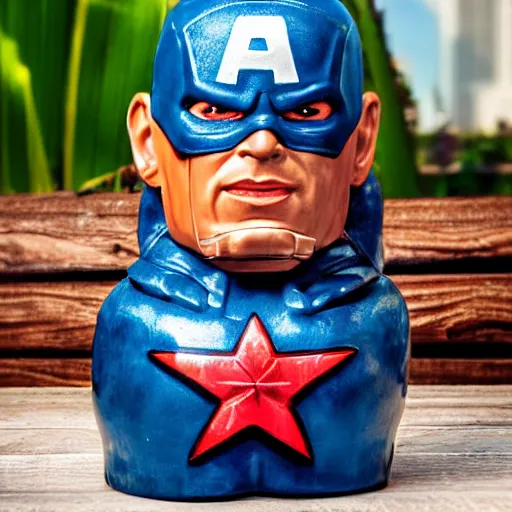 Image similar to a closeup photorealistic photograph of a glossy captain america style tiki mug sitting at an outdoor trader vic's bar featuring captain america's face. tiki theme. bright scene. fine detail. this 4 k hd image is trending on artstation, featured on behance, well - rendered, extra crisp, features intricate detail, epic composition and the style of unreal engine.