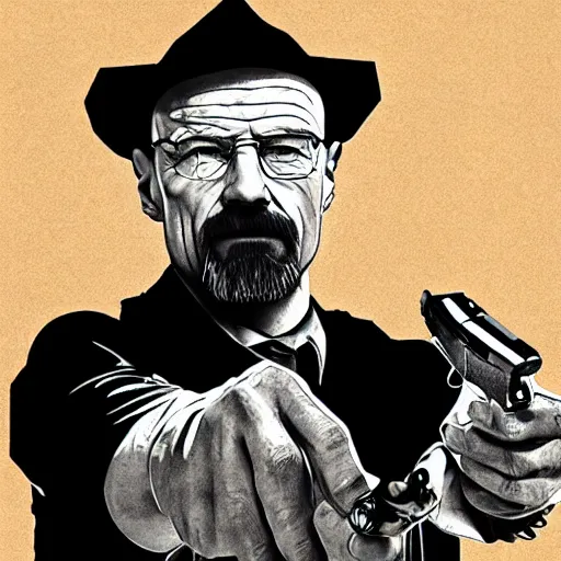 Image similar to Walter White pointing a revolver at right side, accurate anatomy, highly detailed, digital art