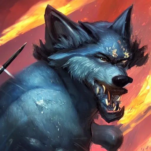 Image similar to anthropomorphic Azure samurai wolf, DnD character art portrait, fantasy battleground, raining, fire, oil painting, heroic pose, magic the gathering artwork, D&D, fantasy, cinematic lighting, centered, symmetrical, highly detailed, digital painting, artstation, concept art, smooth, sharp focus, illustration, volumetric lighting, epic Composition, 8k, art, DeviantArt, trending on Artstation, Jason Felix, Steve Argyle, Tyler Jacobson, Peter Mohrbacher, Akihiko Yoshida, Greg Rutkowski, Craig Mullins, Frank Frazetta, cinematic lighting