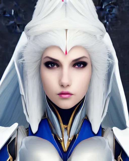 Image similar to perfect white haired attractive egyptian goddess with huge white dove wings, warframe armor, beautiful, symmetric, dreamy, half asian, pretty face, blue eyes, detailed, scifi platform, laboratory, experiment, 4 k, ultra realistic, epic lighting, android body, illuminated, cinematic, masterpiece, art by akihito tsukushi, voidstar