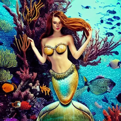 Prompt: mermaid , underwater , a stunning beautiful giorgia-era dress with brown long hair , abundant detail, flowers sprouting from the face