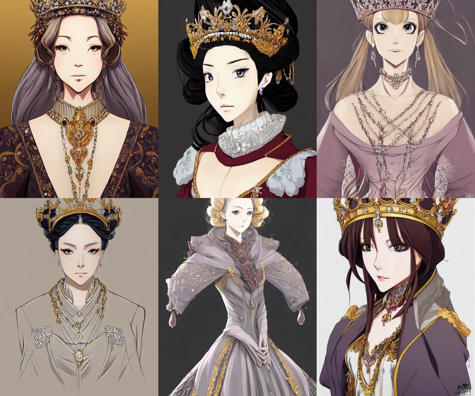 Prompt: portrait of a queen, elegant, fancy clothing, anime style, beautiful, mesmerizing, concept art, highly detailed, artstation, trending, behance, deviantart, by hideyuki morioka, akio watanabe, ito ogure, vofan