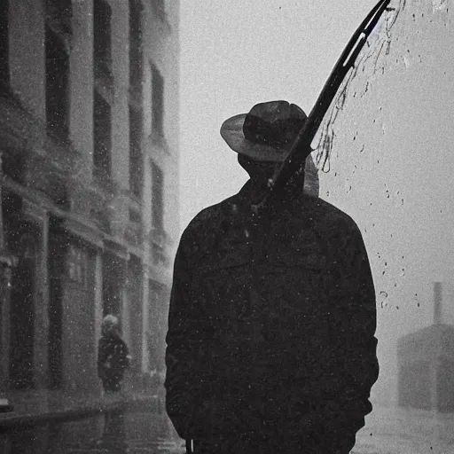 Image similar to closeup portrait of a man fishing in a rainy new york street, photography, natural light, world press photo