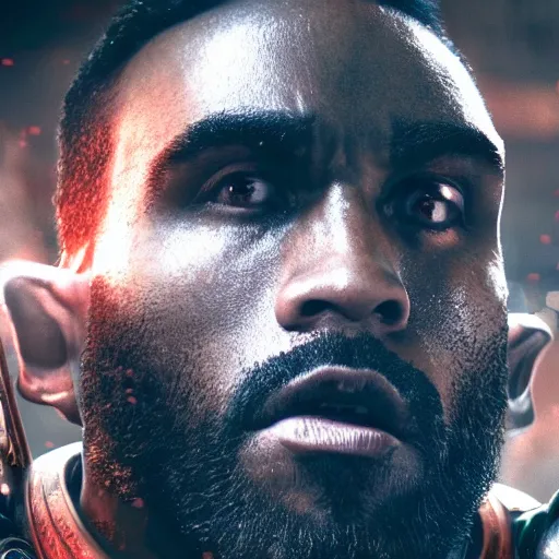 Prompt: Portrait of Alexandre Lacazette as the emperor of humanity from warhammer 40k in Gears of War, splash art, movie still, cinematic lighting, dramatic, octane render, long lens, shallow depth of field, bokeh, anamorphic lens flare, 8k, hyper detailed, 35mm film grain