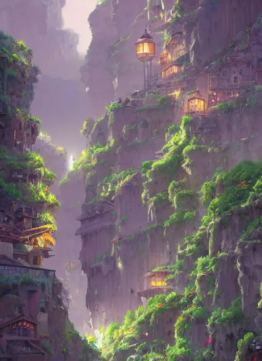 Prompt: medieval city built on terraces in a gigantic canyon, lots of buildings connected by hanging bridges, waterfalls, glow coming from amber veins in the ground, lush vegetation, pitchblack sky, extremly detailed digital painting, in the style makoto shinkai and atey ghailan, rim light, beautiful lighting, 8 k, stunning scene, raytracing, octane, trending on artstation