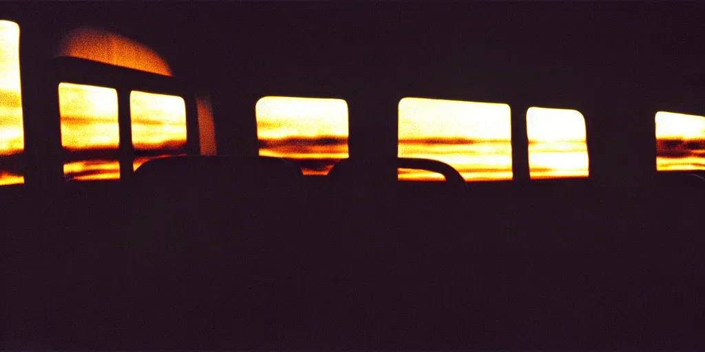 Prompt: greyhound bus interior, sunset, eerie vibe, leica, 2 4 mm lens, cinematic screenshot from the 2 0 0 1 film directed by charlie kaufman, kodak color film stock, f / 2 2, 2 4 mm wide angle anamorphic