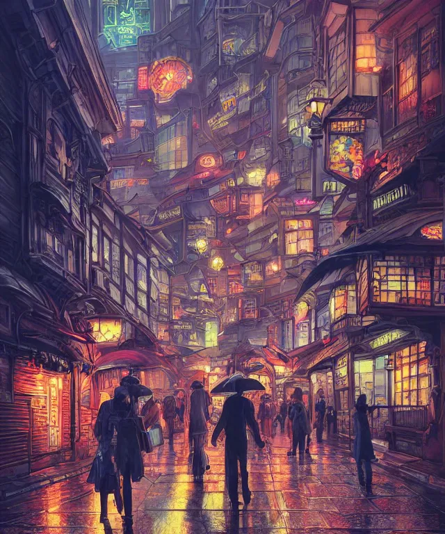 Image similar to insane perspective of colorful street vue from steampunk tokyo prague, intricate details, realistic shaded , humid ground, highly detailed, artstation, painting by François Schuiten and moebius, disney fantasy style, people and creatures walking, volumetric light, neon lights, rainy mood