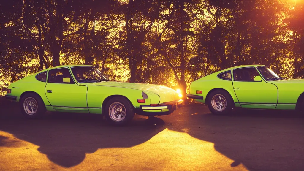 Image similar to neon synthwave 1 9 7 5 datsun 2 6 0 z at sunset, 8 k. filling of the view