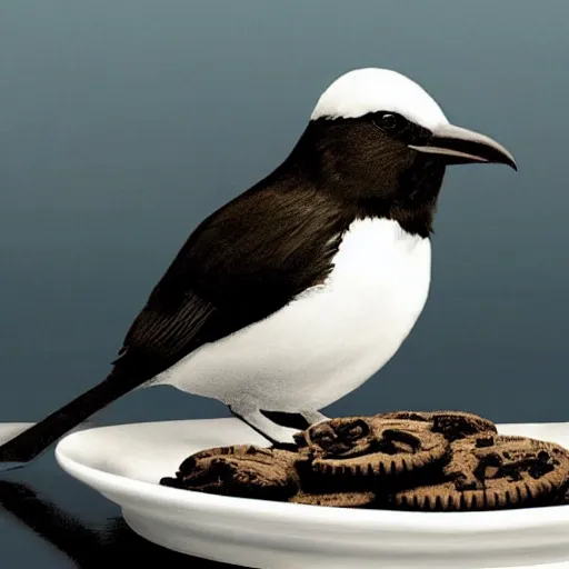 Image similar to a bird eating a plate full of oreos, realism, cinematic, hyper detailed masterpiece, ethereal, post apocalyptic