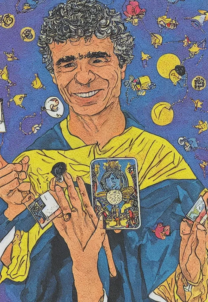 Image similar to Yoshua Bengio smiling on the Tarot card. Illustration.