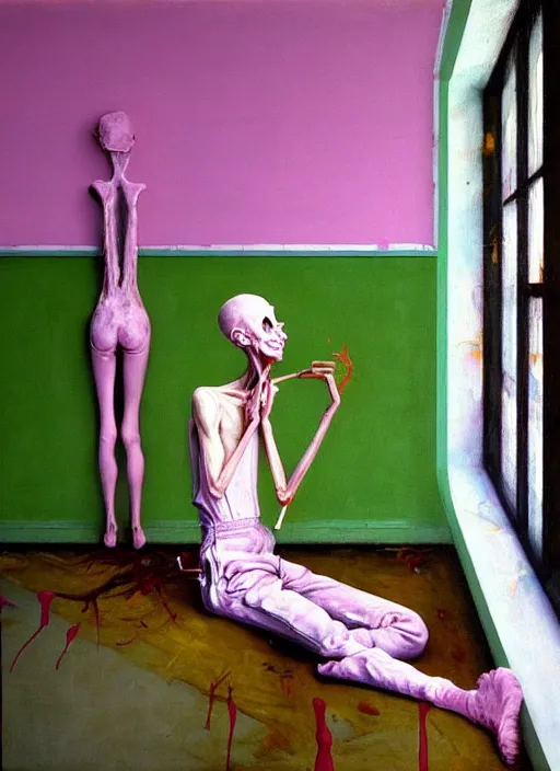 Prompt: a skinny, starving artist wearing overalls, painting the walls inside a deserted chernobyl sarcophagus, hauntingly surreal, highly detailed painting by francis bacon, edward hopper, adrian ghenie, gerhard richter, and james jean, soft light 4 k in pink, green and blue colour palette