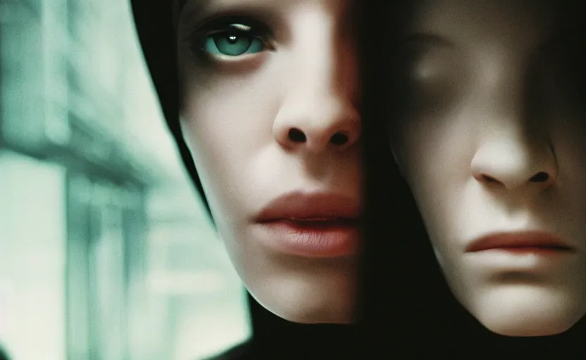 Prompt: cinestill 5 0 d candid photographic portrait by steve mccurry of a feminine male android wearing black techwear on a brutalist dystopian spaceship, extreme closeup, modern cyberpunk moody emotional cinematic, liminal overgrown, 8 k, hd, high resolution, 3 5 mm, f / 3 2, ultra realistic faces, ex machina