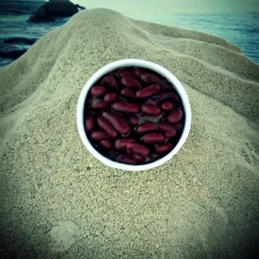 Prompt: “ a bowl of baked beans sitting on a beach, award winning photo ”