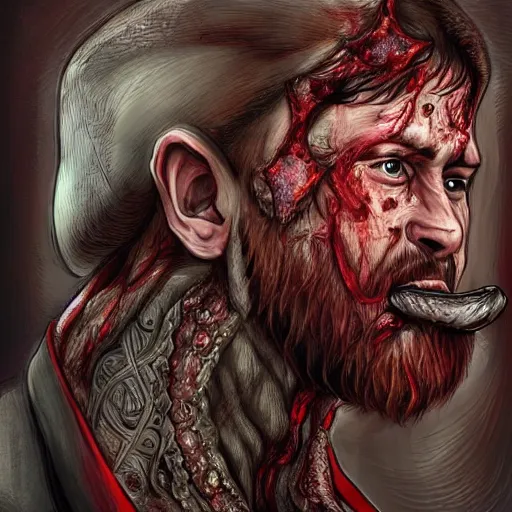 Image similar to ramzan kadyrov became cringe bloody ugly lovecraftian degenerate abomination, photo - realistic, color image, 2 k, highly detailed, bodyhorror, occult art