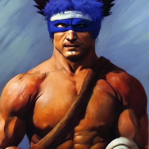 Image similar to ultra realistic happy gilmour as ryu from street fighter, painting by frank frazetta, 4 k, ultra realistic, highly detailed,