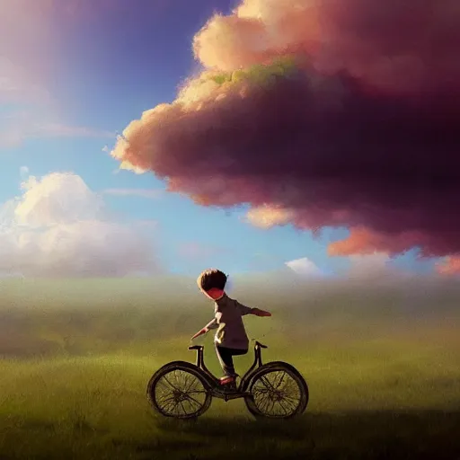 Prompt: A whimsical painting of a boy riding a bicycle flying in the sky through the clouds, painting by Craig Mullins, octane rendering, soft morning lighting, wide angle lens, in the style of Hayao Miyazaki, trending on artstation,