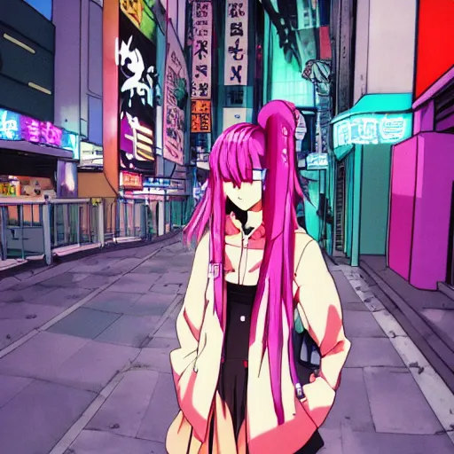 Prompt: anime girl with eccentric clothes, long spiky pink hair, cel - shading, 2 0 0 1 anime, flcl, jet set radio future, night time, entertainment district, japanese city at night, colorful buildings, lines of lights, christmas lights, rollerskaters, cel - shaded, jsrf, strong shadows, vivid hues, y 2 k aesthetic