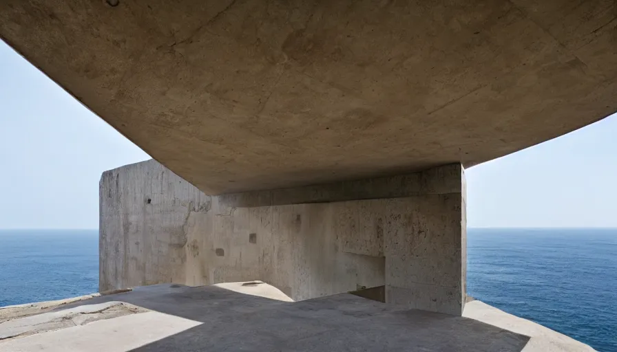 Image similar to coastal perched on a cliff overlooking a magnificient bay, big brutalism architecture on cliffs, drawing architecture, pritzker architecture prize, greig fraser