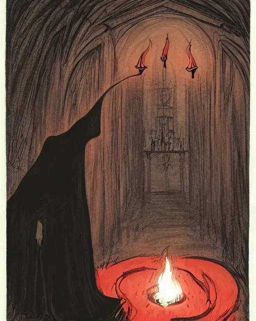 Image similar to a mystical witch in a black shawl, surrounded by floating lit red candles in an underground lair. by abigail larson