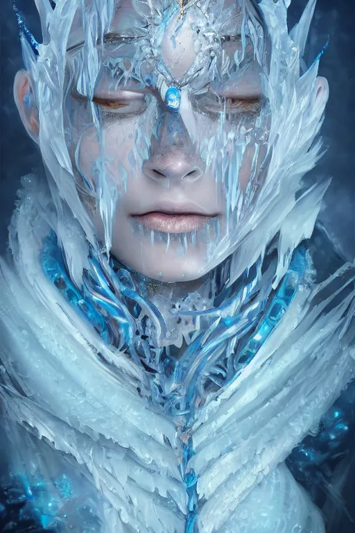 Image similar to Fantasy character portrait of distorted detailed painting of a queen woman made of ice, blue hues, ice blue, icy, hyper detailed, trending on Artstation