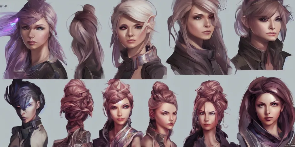 Prompt: concept art of russian female netrunner d & d video game characters head designs, unique hair designs, by marc brunet and artgerm