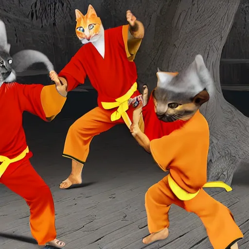 Image similar to real cats dressed as shaolin monks fighting each other, 4k, highly detailed