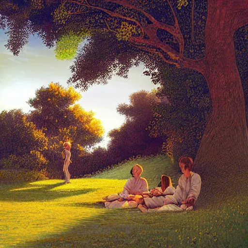 Image similar to Digital art. Conceptual art, the warm, golden light of the sun casts a beautiful glow on the scene, and the gentle breeze ruffles the leaves of the trees. The figures in the conceptual art are engaged in a simple activity, the way they are positioned and the expressions on their faces suggest a deep connection. Peace and contentment, idyllic setting. by Rupi Kaur, by Hikari Shimoda spirited, monumental