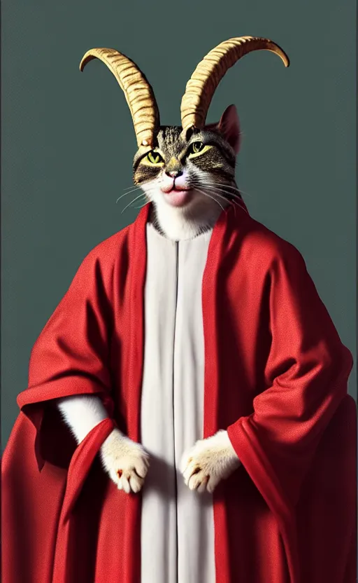 Image similar to a bipedal cat that has two goat horns, anthropomorphic cat that is wearing robes, matte oil painting, by jan van eyck, d & d, character reveal, fantasy, concept art, cosmic, magical, fog, noble, full body portrait, intricate, ornate, extremely detailed, cult, ritual, sharp focus, 4 k, 8 k