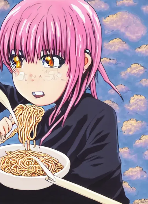 Prompt: anime girl with pink hair eating ramen noodles, black background, by eiichiro oda