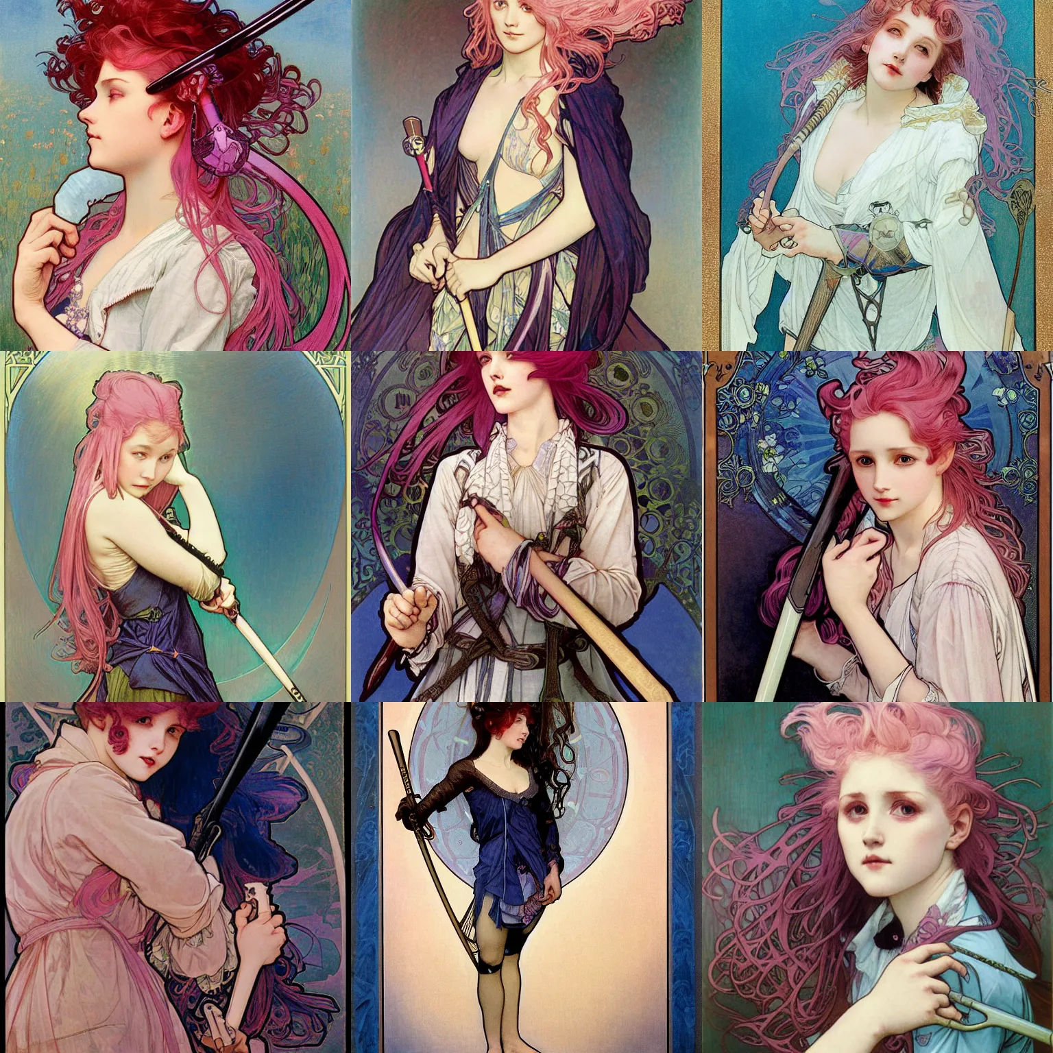 Prompt: a teenage girl with pink hair and blue ribbon wearing a white jacket holding a spiked baseball bat, by Alphonse Mucha, Ayami Kojima, Amano, Charlie Bowater, Karol Bak, Greg Hildebrandt, Jean Delville, and Mark Brooks, Art Nouveau, Pre-Raphaelite, Neo-Gothic, gothic, Art Nouveau, rich deep moody colors