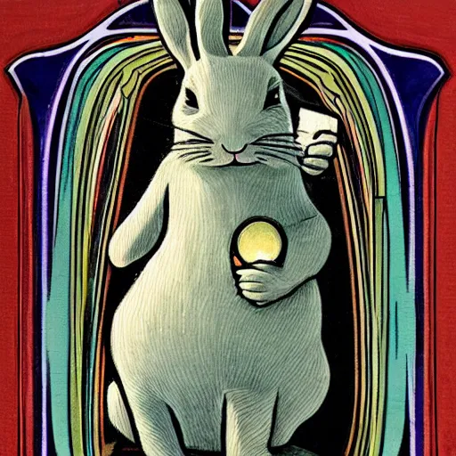 Prompt: a rabbit holding an iphone, art nouveau