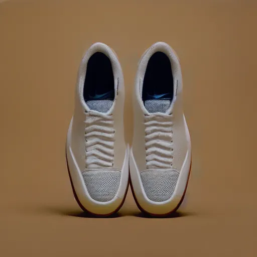 Image similar to a studio photoshoot of Nike sneakers designed by Tom Sachs, cream leather with knitted mesh material, gum rubber outsole, realistic, color film photography by Tlyer Mitchell, 35 mm, graflex