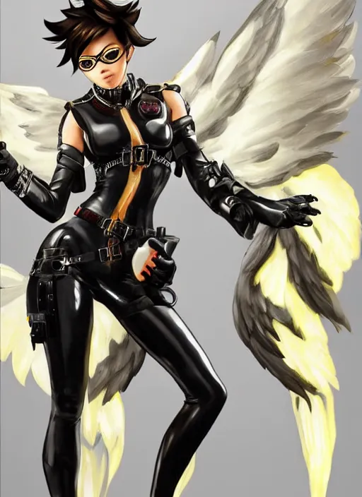 Image similar to full body artwork of tracer overwatch, wearing black latex outfit, in style of mark arian, angel wings, dramatic painting, wearing detailed leather collar, ornate highly detailed white shiny armor, chains, black harness, detailed face and eyes,