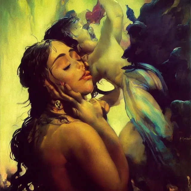 Image similar to an aesthetic! detailed portrait of an aesthetic woman crying mournfully while holding a child, by frank frazetta, oil on canvas, bright colors, art nouveau, epic composition, dungeons and dragons fantasy art, hd, god - rays, ray - tracing, crisp contour - lines, huhd - 8 k