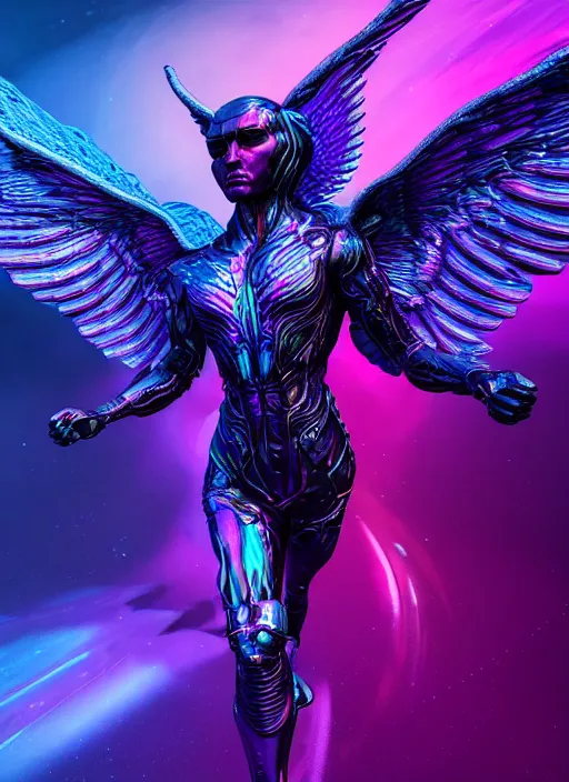 Image similar to a photo of 8 k ultra realistic archangel with 6 wings, full body, intricate purple and blue hard surfaces, futuristic, science fiction themes, highly saturated colors, holographic undertones, overdetailed art, concept art, detailed illustration, hd, 4 k, octane rendered