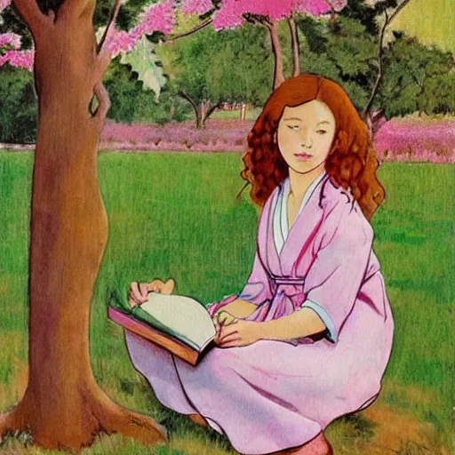 Image similar to beautiful little girl with long curly red hair dressed in a pink kimono and sitting next to a tree while reading a book, artwork made in western comic art style, inspired in balthus, anatomically correct, higher details, realistic