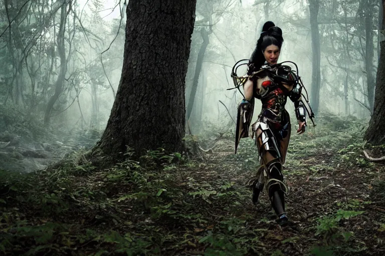 Prompt: vfx movie scene closeup nomad cyborg warrior geisha in a smoldering forest. by emmanuel lubezki