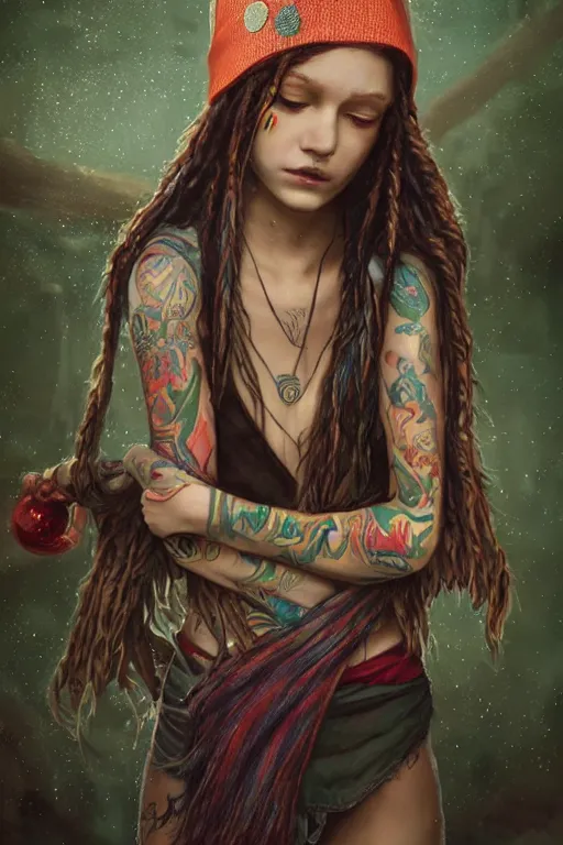 Prompt: A stunningly beautiful stoner hippy female Rastafarian Elf by WLOP, greg rutkowski and ross tran, glasses, flannel, knitted hat, tattoos and piercing,