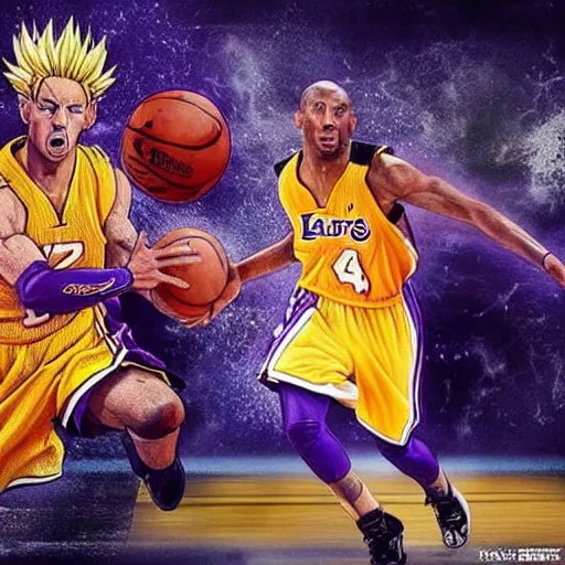 Image similar to Kobe Bryant going super saiyan on the basketball court, photorealistic, sports photography